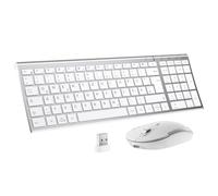 iClever - Juego de Teclado y ratón inalámbricos Recargables QWERTZ (alemán), Ultra Delgado para Ordenador/Escritorio/PC/Ordenador portátil, Windows 10/8/7, Color Blanco y Plateado