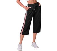 iClosam Pantalones Chándal Mujer Deporte 3/4 Capri Pantalón Verano Pantalón Deportivos Mujer con Bolsillos Cordón Capri Pantalones para Yoga Fitness Correr Jogging Negro M