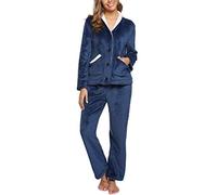 iClosam Pijama Invierno Mujer Franela Suave Pijamas para Mujer Polar Cálido Conjunto de Pijamas Mujer Largo de 2 Piezas con Botones para Casa Dormir