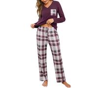 iClosam Pijama Mujer Invierno Algodón a Cuadros Conjunto de Pijamas con Camiseta Manga Larga y Pantalones para Casa Suave y Comodo
