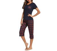 iClosam Pijama Mujer Verano Cuadros Pijamas Cortos Algodón Ropa de Dormir para Casa Casual Suave y Comodo (M,Rojo)