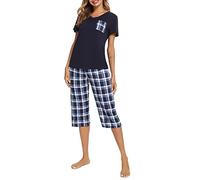 iClosam Pijama Mujer Verano Cuadros Pijamas Cortos Algodón Ropa de Dormir para Casa Casual Suave y Comodo (M,Azul)