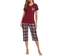 iClosam Pijama Mujer Verano Cuadros Pijamas Cortos Algodón Ropa de Dormir para Casa Casual Suave y Comodo (XL,Vino Tinto)