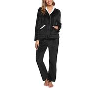 iClosam - Pijama para mujer, forro polar, de invierno, cálido, muy suave, de manga larga, con 2 bolsillos, talla S-XXL Negro XL