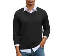 iClosam Suéter con Cuello en V para Hombre, suéteres de Manga Larga con Acabado en Contraste, Jersey de Mezcla de algodón Suave y cálido para Hombre para otoño e Invierno, Negro, 3XL