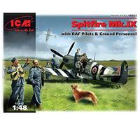 ICM (avión de la Fuerza aérea Real 1:48-Spitfire MK.IX con Pilotos de la RAF y Personal de Tierra, Color Negro, Large (ICM48801)