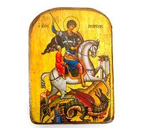 Icona de madera griega San Jorge cabalga su caballo y derrota a la bestia (Cristianismo Ortodoxo en Madera / MP2)