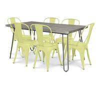 Iconik Interior Tolix Style Pack Mesa de comedor - Diseño industrial 150 cm + Pack de 6 sillas de comedor - Diseño industrial - Hairpin Stylix amarillo pálido