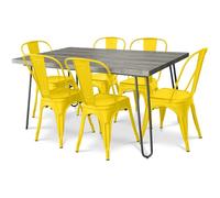 Iconik Interior Tolix Style Pack Mesa de comedor - Diseño industrial 150 cm + Pack de 6 sillas de comedor - Diseño industrial - Hairpin Stylix amarillo