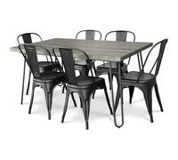 Iconik Interior Tolix Style Pack Mesa de comedor - Diseño industrial 150 cm + Pack de 6 sillas de comedor - Diseño industrial - Hairpin Stylix negro