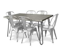 Iconik Interior Tolix Style Pack Mesa de comedor - Diseño industrial 150 cm + Pack de 6 sillas de comedor - Diseño industrial - Hairpin Stylix plateado