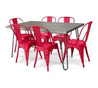 Iconik Interior Tolix Style Pack Mesa de comedor - Diseño industrial 150 cm + Pack de 6 sillas de comedor - Diseño industrial - Hairpin Stylix rojo