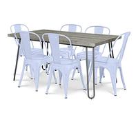 Iconik Interior Tolix Style Pack Mesa de comedor - Diseño industrial de 150 cm + Pack de 6 sillas de comedor - Diseño industrial - Hairpin Stylix Azul Gris