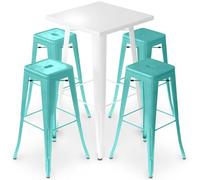 Iconik Interior Tolix Style Pack Taburete de mesa Blanco y Pack de 4 taburetes de bar - Diseño industrial - Metal - Nueva edición - Bistrot Stylix Verde Pastel