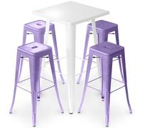 Iconik Interior Tolix Style Pack Taburete de mesa Blanco y Pack de 4 taburetes de bar - Diseño industrial - Metal - Nueva edición - Bistrot Stylix Violet Pastel