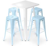 Iconik Interior Tolix Style Pack Taburete de mesa blanco y paquete de 4 taburetes de bar - Diseño industrial - Metal - Nueva edición - Bistrot Stylix azul claro