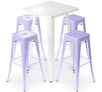 Iconik Interior Tolix Style Pack Taburete de mesa blanco y paquete de 4 taburetes de bar - Diseño industrial - Metal - Nueva edición - Bistrot Stylix Lavande