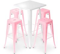 Iconik Interior Tolix Style Pack Taburete de mesa blanco y paquete de 4 taburetes de bar - Diseño industrial - Metal - Nueva edición - Bistrot Stylix Rose