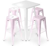 Iconik Interior Tolix Style Pack Taburete de mesa blanco y paquete de 4 taburetes de bar - Diseño industrial - Metal - Nueva edición - Bistrot Stylix rosa pálido