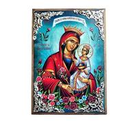 Icono ortodoxo griego cristiano de madera de la Virgen María "rosa inmutable" - Icono religioso hecho a mano AM30 - 15 x 11 cm