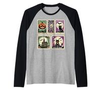 Iconos espeluznantes de Halloween, Calabazas, Fantasmas, Esqueleto, murciélagos, Arte Camiseta Manga Raglan