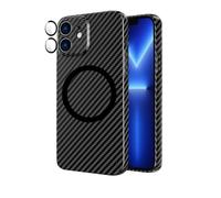 ICOVERI Funda Carbono para iPhone 12. Funda Magnética Compatible con Magsafe y Cargador Inalámbrico. Funda iPhone 12 Efecto Carbono. Carcasa con Protector de Camara Glass Lens. Negro