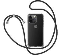 ICOVERI Funda iPhone con Cordon. Carcasa Apple iPhone Transparente Silicona Reforzada Antigolpes. Funda con Cuerda con Correa Ajustable, Multi Posicion. Colgante Color Negro. (iPhone 15 Pro)