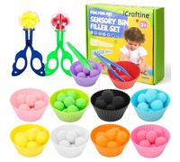 iCraftine 114 piezas de relleno sensorial de habilidades motoras finas incluye 10 cuencos de clasificación, 100 pompones, 2 pinzas, 2 tijeras de cuchara para la educación temprana de los niños,