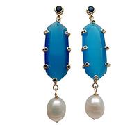 ICXLPMC 11x14mm Cultured White Rice Pearl 15x32mm Blue Cat Eye Pave Stud Drop Earrings Fashion Party Jewelry