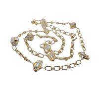 ICXLPMC 11x25mm Cultured White Biwa Pearl White Quartzs gold color plated Link Chain Long sweater chain Necklace 47"