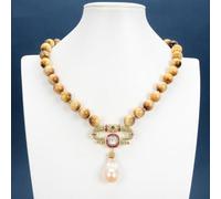 ICXLPMC 12mm Round Yellow Tiger Eye Necklace Cubic Zirconia Pave Keshi Pearl Pendant 18" For Women