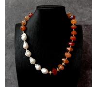 ICXLPMC 12x18mm Cultured White Baroque Pearl 11x14mm Red Carnelian Nugget Agate Necklace 20.5"