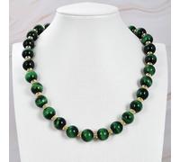 ICXLPMC 14mm Green Tigers Eye Smooth Round Necklace pave Clasp Earrings Sets