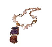 ICXLPMC 14x18mm Cultured Champagne Pearl Crystal Necklace 38x75mm Blue Kyanite Amethyst Druzy Pendant Necklace