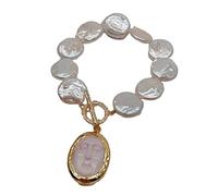 ICXLPMC 16mm Cultured White Coin Pearl Freshwater strand Bracelet Queen Conch Facial Mask Charm 8"