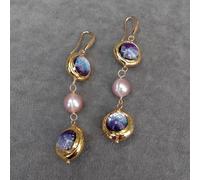 ICXLPMC 16mm Glass Freshwater Cultured Purple Pearl Dangle Long Hook Earrings