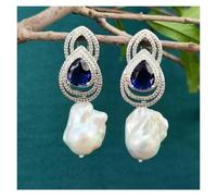 ICXLPMC 16x21mm Cultured White Keshi Pearl Blue Pave Stud Drop Earrings Women Jewelry