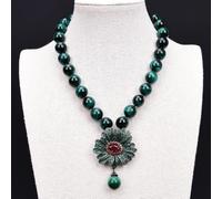ICXLPMC 18" 14mm Round Green Tiger Eye Necklace Flower Pendant