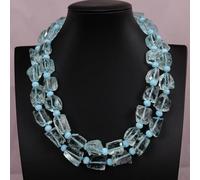 ICXLPMC 18'' 2 Rows Stone Aquamarine Blue Glass Quartz Rough Nugget Crystal Necklace Multi Strands Jewelry For Women