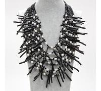 ICXLPMC 18" 8 Strands White Rice Pearl Black Coral Crystal Necklace