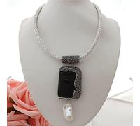 ICXLPMC 18" black stone caved Buddha Pendant White Leather Necklace White Keshi Pearl necklace religious style for women