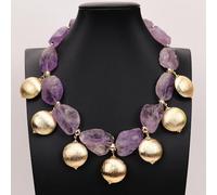 ICXLPMC 18" Purple Amethyst Ametrine Rough Necklace Big Gold Brushed Coin Beads Pendant For Women
