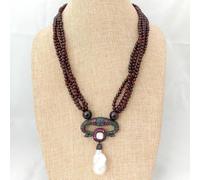 ICXLPMC 19'' 4 Strands Round Garnet Necklace White Keshi Pearl Pendant