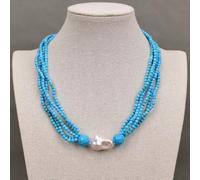 ICXLPMC 19" 5 Strands White Keshi Baroque Pearl Pendant Blue Faceted Round Gems Stone Bead Chokers Necklace