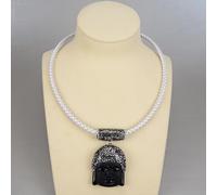 ICXLPMC 19" Black Jasper Buddha Pendant White Leather Necklace For Women