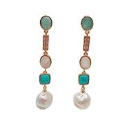 ICXLPMC 2.3'' geometric gold filled White Keshi Pearl shell Blue crystal pave Dangle Earrings cute for women