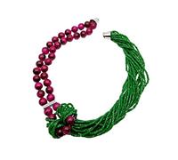 ICXLPMC 2 filas de 12 mm de ojo de tigre fucsia 18 filas de 3 mm de cristal verde collar llamativo for mujer