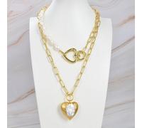 ICXLPMC 2 Rows Cultured White Baroque Pearl Statement Chain Necklace Heart-Shaped Pearl Pendant Necklace For Women