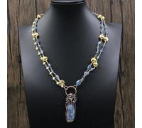 ICXLPMC 2 Rows Cultured White Pearl Blue kyanite Chain statement Necklace Rough Raw Pendant 22" For Lady Gift