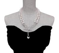 ICXLPMC 2 Rows Freshwater Cultured White rice Pearl Necklace Cubic Zirconia Pave Pendant Fashion Jewelry